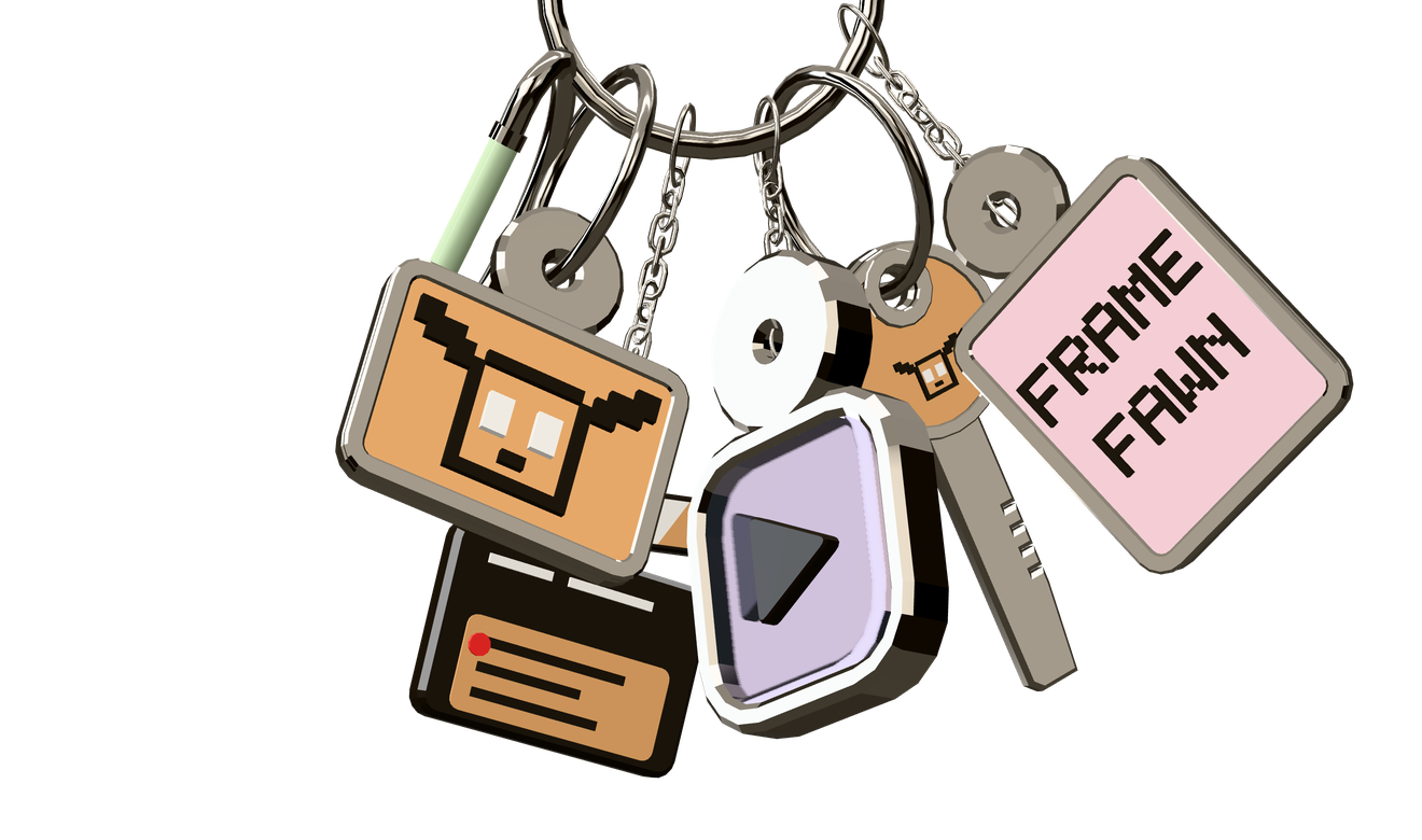Framefawn keychain at rest: the Fawn Frame tag, wordmark tag, carabiner, play tile, clapperboard and key